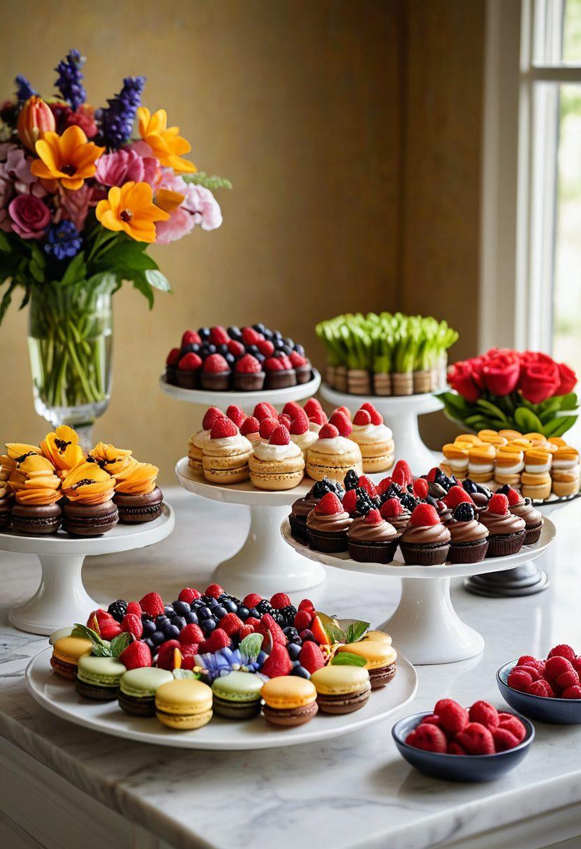 A beautifully arranged dessert table showcasing a variety of gourmet desserts like chocolate mousse, fruit tarts, and macarons, all garnished with fresh berries and edible flowers. Include a warm kitchen backdrop with a marble countertop and baking tools. Soft, diffused lighting illuminates the scene, enhancing the inviting atmosphere. Consider the warm colors of desserts contrasted with the fresh greens of the garnishes. vibrant colors. soft focus.
