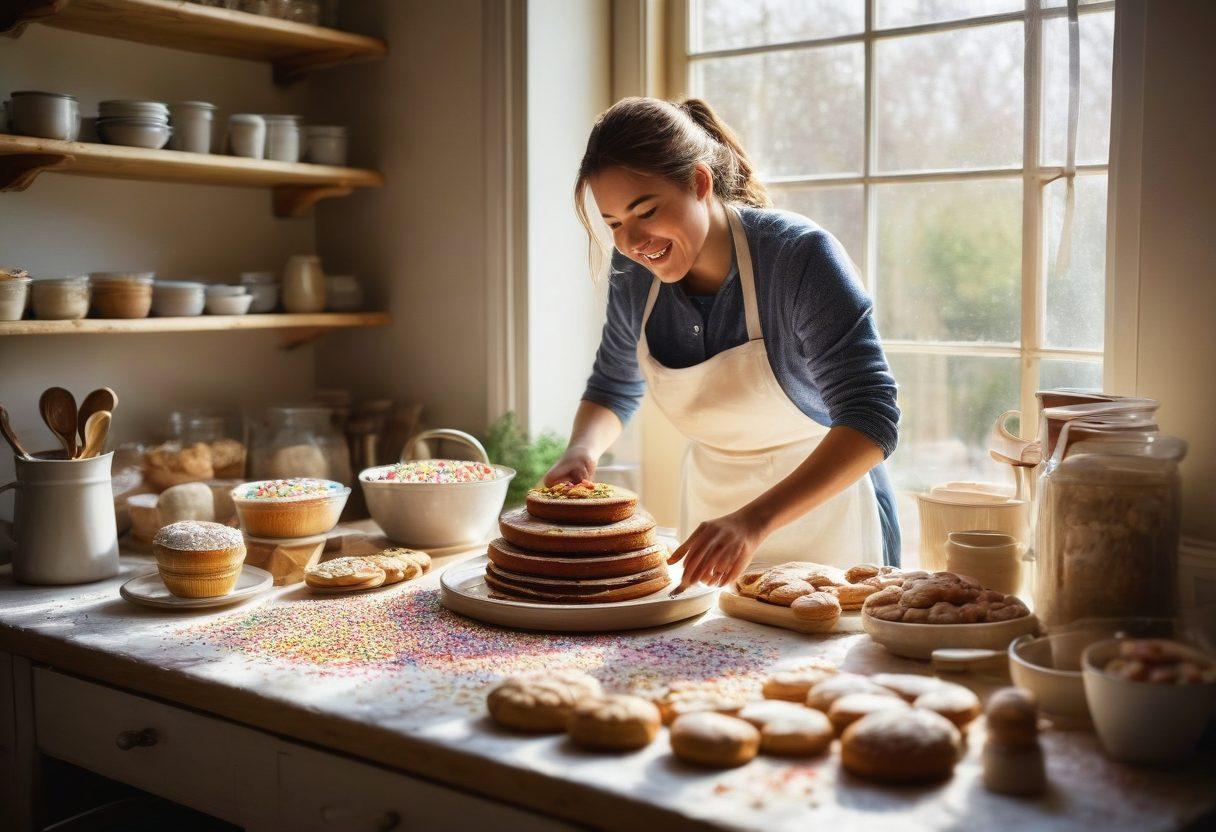 A cozy kitchen scene featuring a wooden table covered with various homemade treats like cookies, cakes, and pastries. Soft sunlight streams through a window, casting warm shadows, with baking tools scattered around. In the background, a joyful baker is icing a cake, while colorful sprinkles and flour dust are visible. The atmosphere conveys warmth, creativity, and a passion for baking. vibrant colors. painting. soft focus.